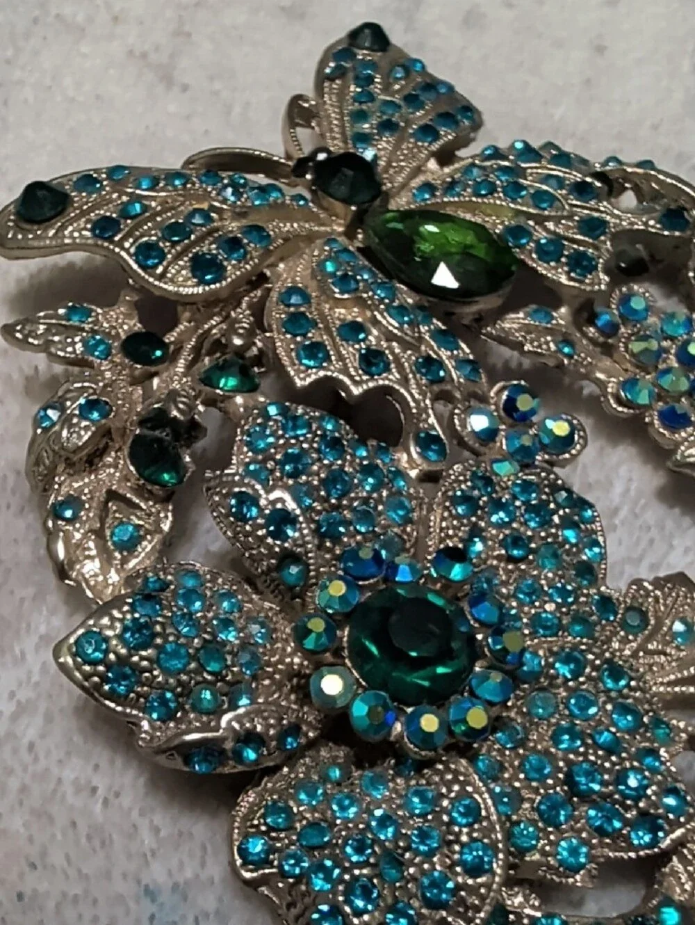Vintage Blue & Green Crystal Butterfly Wreath Brooch 4''X3''